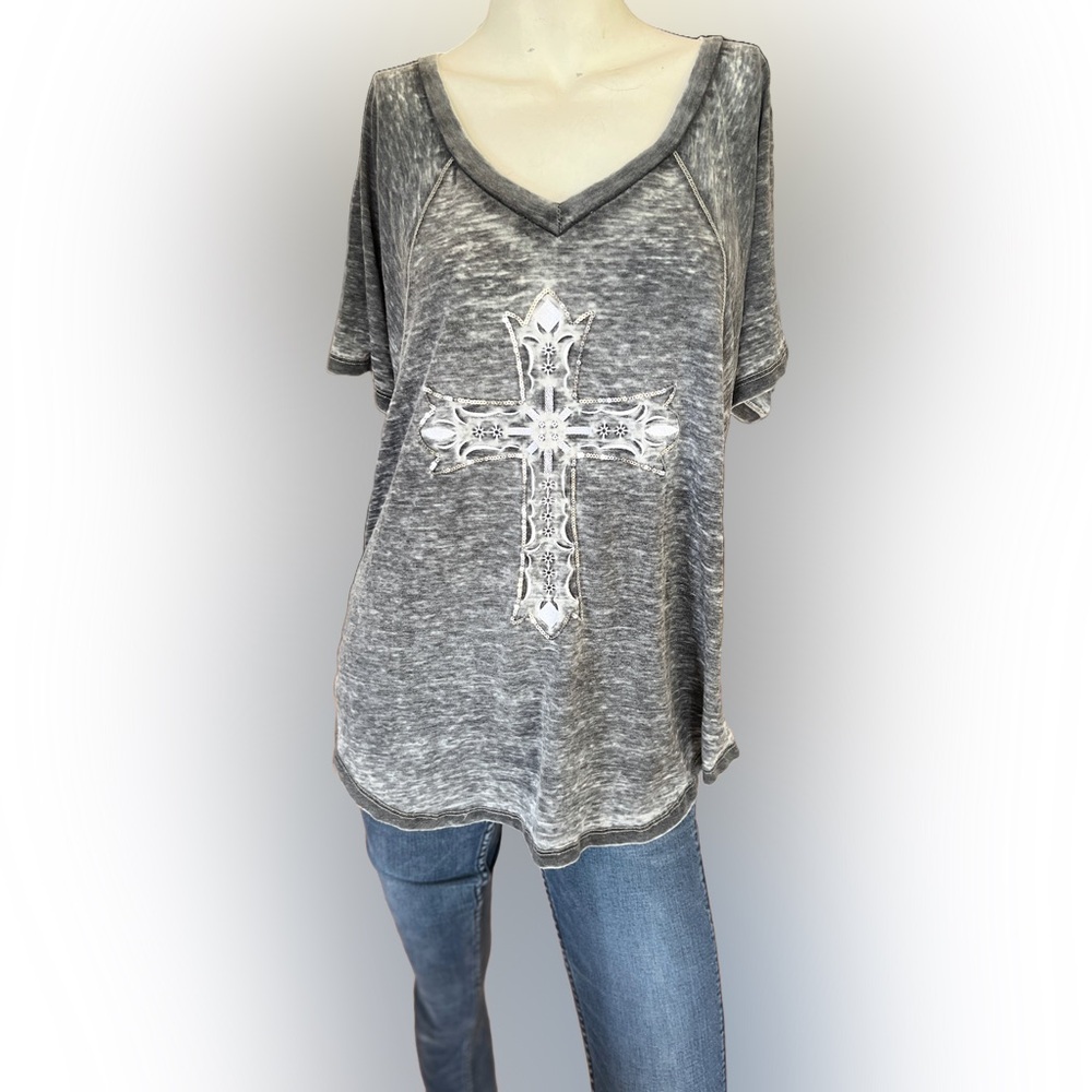 Cowgirl Hardware Women’s Acid Wash Tee - Size Large - cross with sequins